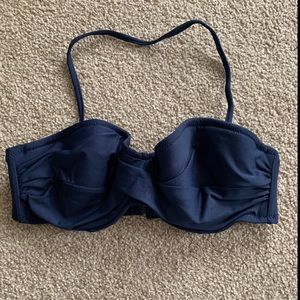 Navy J Crew ruched bikini top. Removable halter top strap. Size 34B